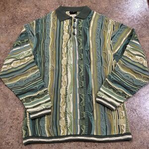 Vintage 90s Bergati 3d Knit Polo Sweater Coogi Style Pullover XL Green Slime